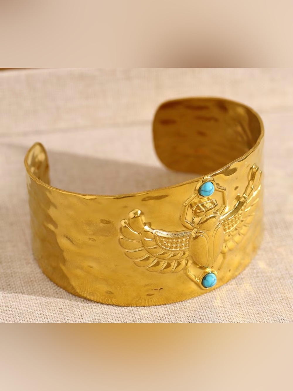 Gold-Tone Scarab Cuff Bracelet with Turquoise Stones
